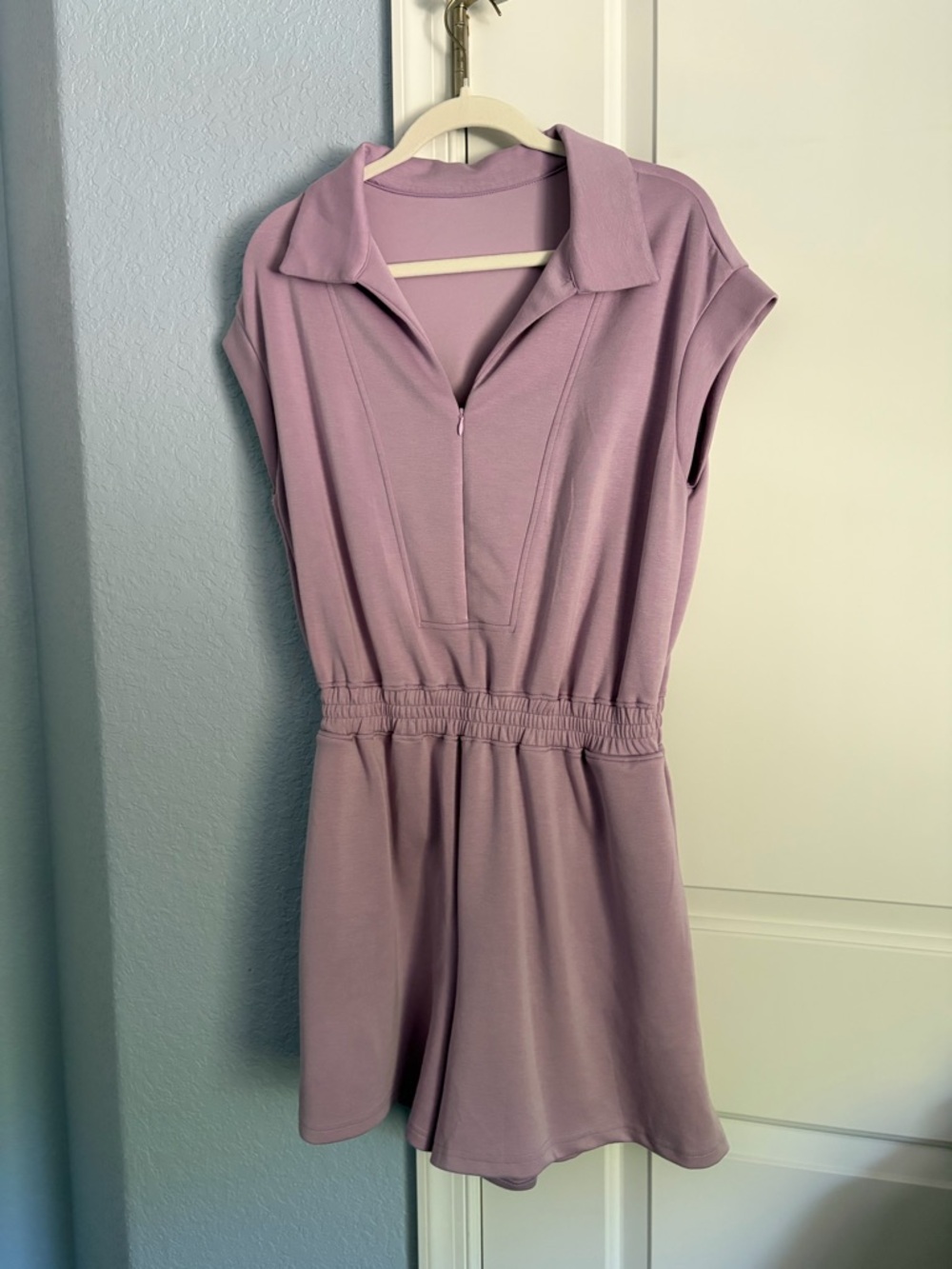 Lilac Collared Short Sleeve Romper with Elastic Waist
